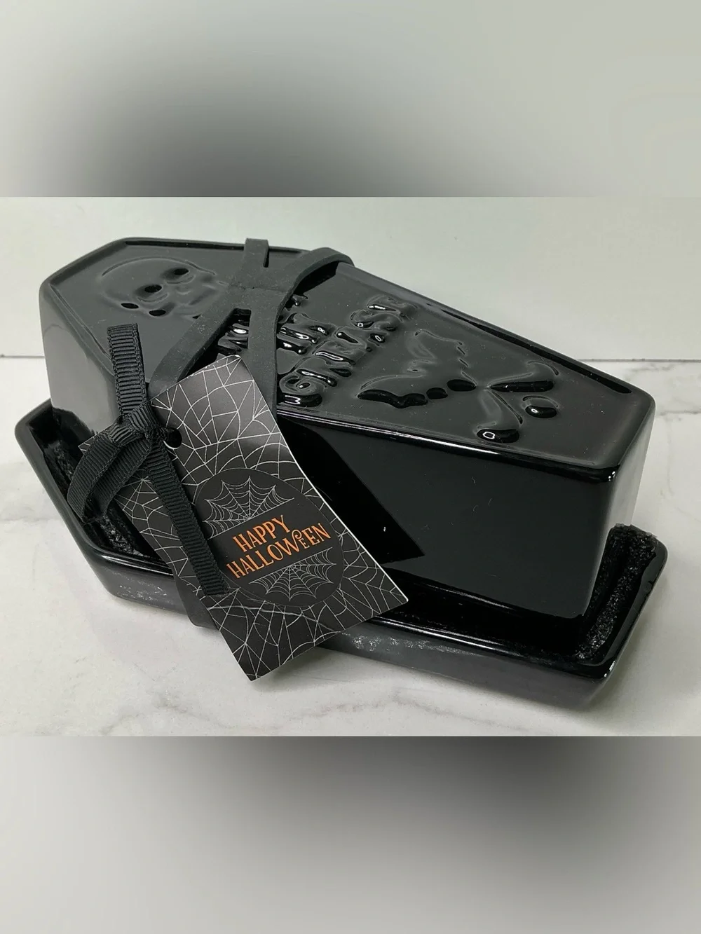 Black Coffin Butter Dish HERE LIES BUTTER - Cobwebs & Caldrons - Halloween New